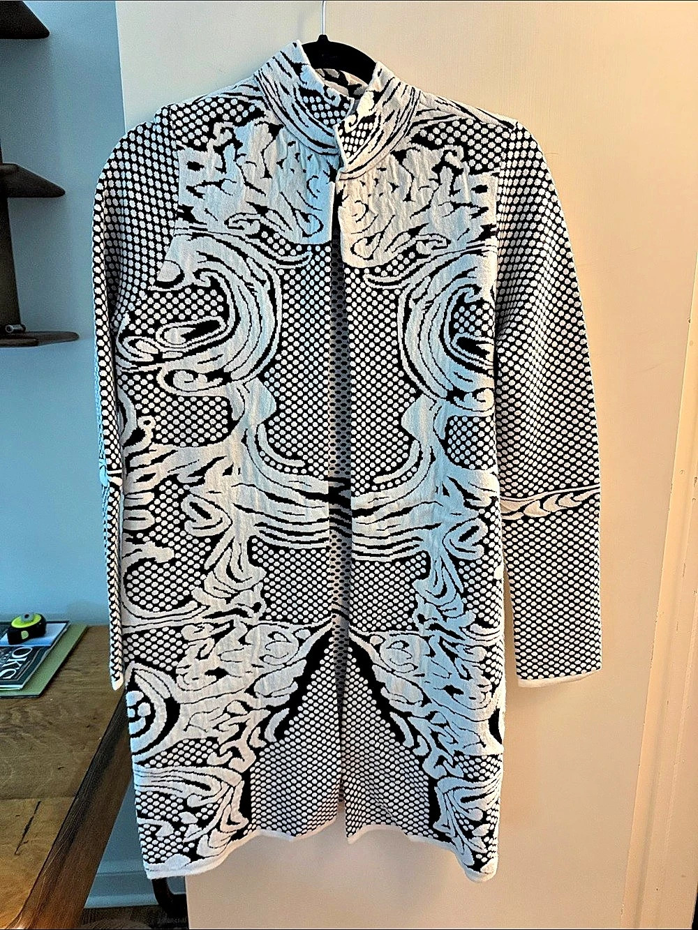 Chico's Contrast Scroll Cardigan Sweater Black & White
